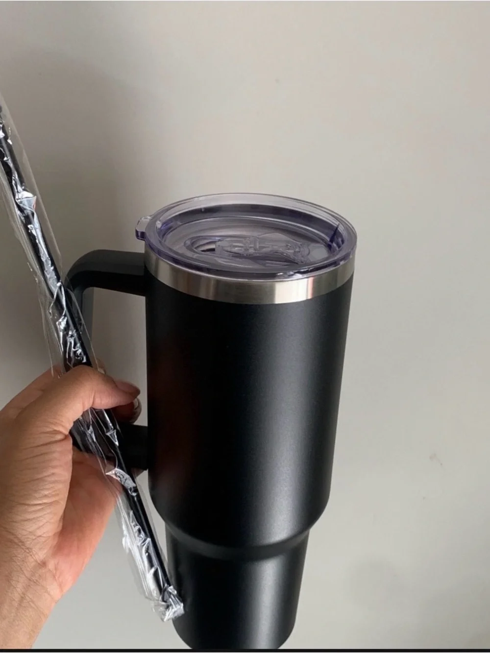 Insulated Black Travel Mug with Handle and Clear Lid